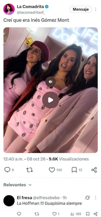 Captura de pantalla de un tuit con una fotografía de tres mujeres vestidas de rosa y comentarios de usuarios en la red social X