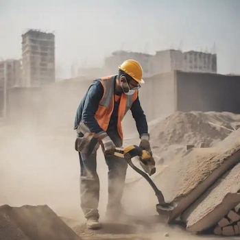 Un trabajador utiliza maquinaria pesada en un entorno cubierto de polvo durante labores de construcción o demolición.