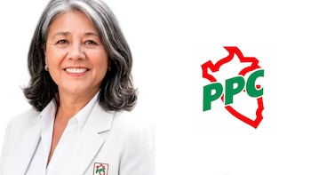 Retrato de una mujer sonriente con saco blanco junto al logotipo del Partido Popular Cristiano sobre fondo blanco