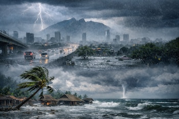 Ciudad con lluvias torrenciales y relámpagos, calles inundadas. Costa con palmeras, cabañas y olas fuertes, además de una tromba marina sobre el mar.