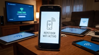 Un teléfono con la pantalla fisurada indica Repetidor WiFi activo sobre una mesa rodeado por tabletas y un televisor.