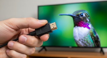Primer plano de una mano sujetando un conector de cable HDMI negro con punta dorada, frente a un televisor mediano con una imagen de un colibrí.