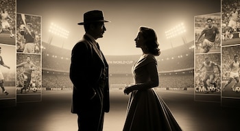 Siluetas de un hombre con sombrero y una mujer elegante, frente a un estadio iluminado y pantallas con fotos de futbolistas en blanco y negro.