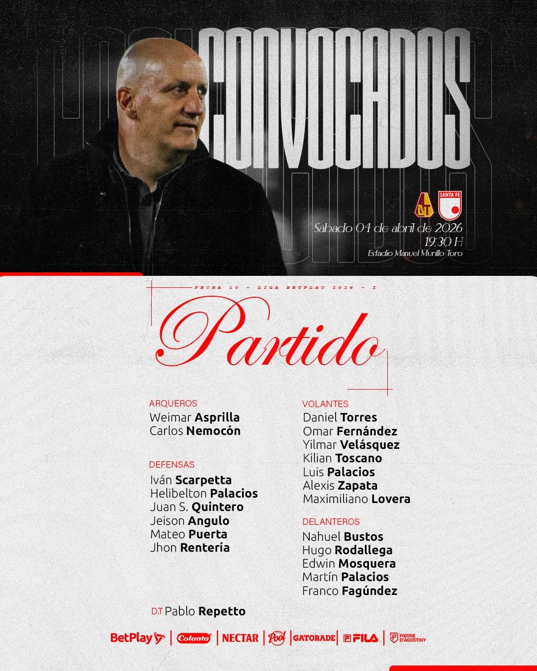 Pablo Repetto tendrá el siguiente listado de viajeros para su juego en Ibagué-crédito Jefatura de Prensa de Independiente Santa Fe
