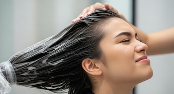 Mujer con los ojos cerrados y el cabello largo enjabonado en la raíz. Una mano aplica champú mientras las puntas del cabello están en una bolsa plástica.