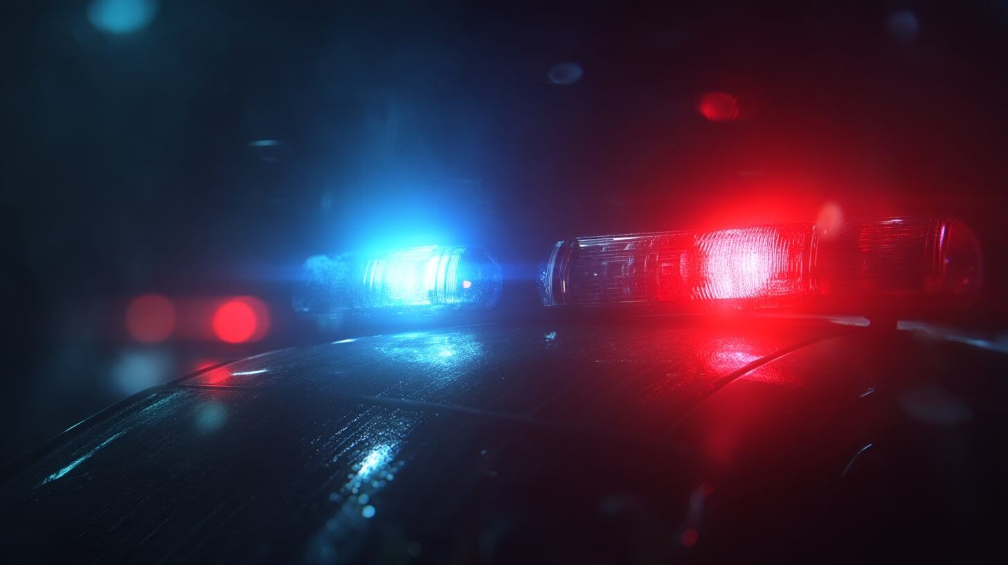 Primer plano de la sirena de una patrulla encendida, iluminando la calle con destellos rojos y azules durante un operativo nocturno. – (Imagen Ilustrativa Infobae)