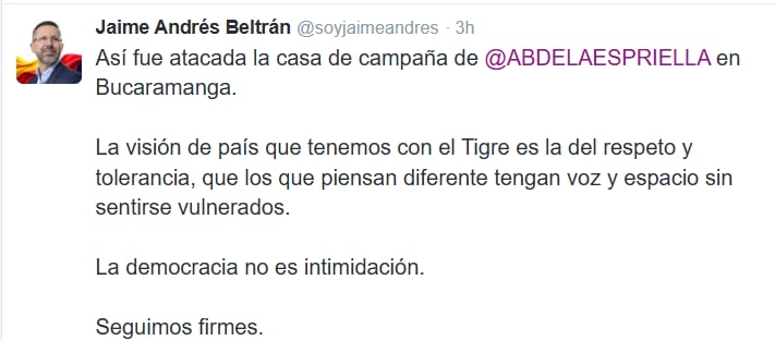 El exalcalde de Bucaramanga fue muy enfático en rechazar el ataque - Jaime Andrés Beltrán/X