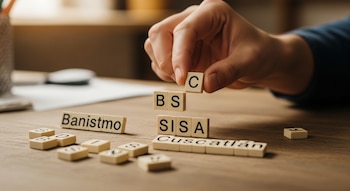 Mano colocando una letra C sobre las letras B y S. Sobre una mesa, se ven las palabras Banistmo, SISA y Cuscatlán formadas con fichas de letras.