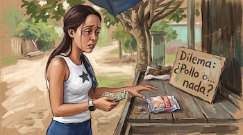Ilustración de una mujer con billetes y monedas ante un puesto con un paquete de pollo y un cartel escrito en cartón.