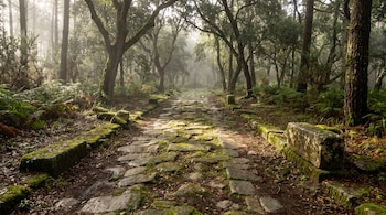 Camino de grandes piedras con musgo rodeado de árboles altos y helechos en un bosque iluminado por el sol.