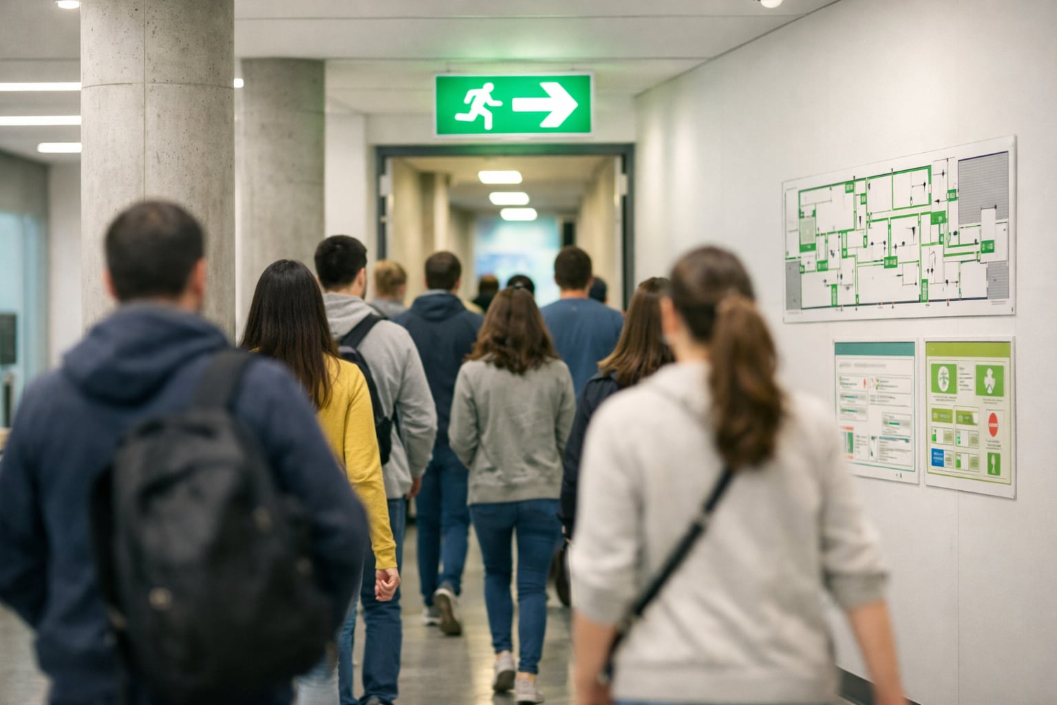 Un grupo de personas simula una evacuación de emergencia en un pasillo moderno de una universidad, siguiendo las señales de salida y los planos de seguridad colgados en la pared. (Imagen Ilustrativa Infobae)