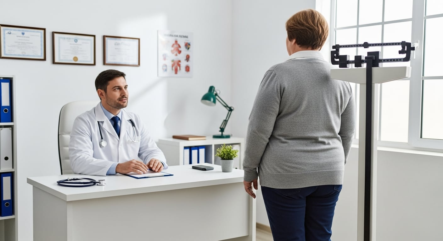 Un médico consulta a una paciente en una clínica moderna, mientras ella se encuentra junto a una báscula para control de peso. La escena refleja la importancia del seguimiento médico en el tratamiento de la obesidad y el cuidado de la salud. El consultorio está bien iluminado y cuenta con diplomas en la pared, lo que resalta la profesionalidad del entorno. (Imagen Ilustrativa Infobae)