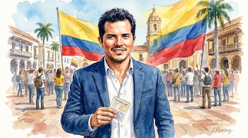 Un hombre, Leguizamo, sonríe mientras sostiene un voto en su mano. Al fondo, ondean banderas de Colombia, una multitud de personas y edificios coloniales con palmeras.