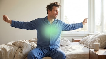 Hombre con pijama azul a rayas sentado en el borde de la cama estirándose. Un brillo verde difuminado cubre su pecho. Se ve una ventana luminosa.
