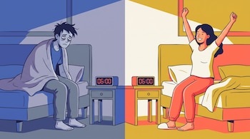 Un hombre cansado sentado en su cama junto a un reloj que marca las seis de la mañana y una mujer sonriente estirándose en la suya.
