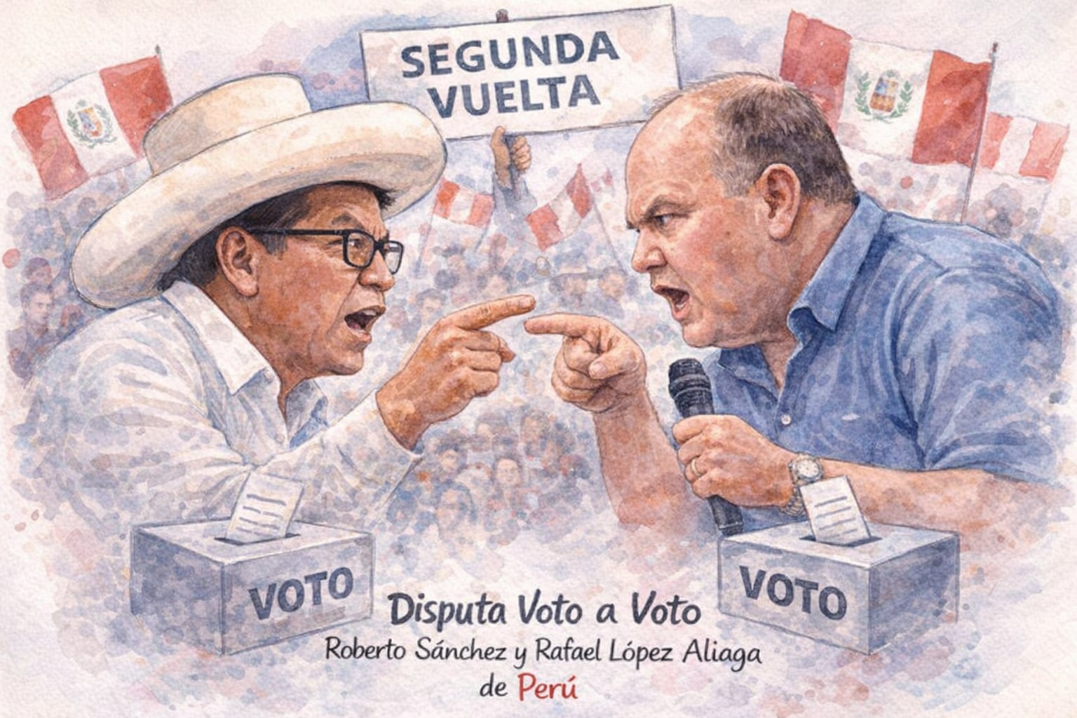 Una ilustración en acuarela muestra a Roberto Sánchez y Rafael López Aliaga en una intensa disputa verbal, simbolizando la reñida contienda por un lugar en la segunda vuelta de las elecciones peruanas. (Imagen Ilustrativa Infobae)