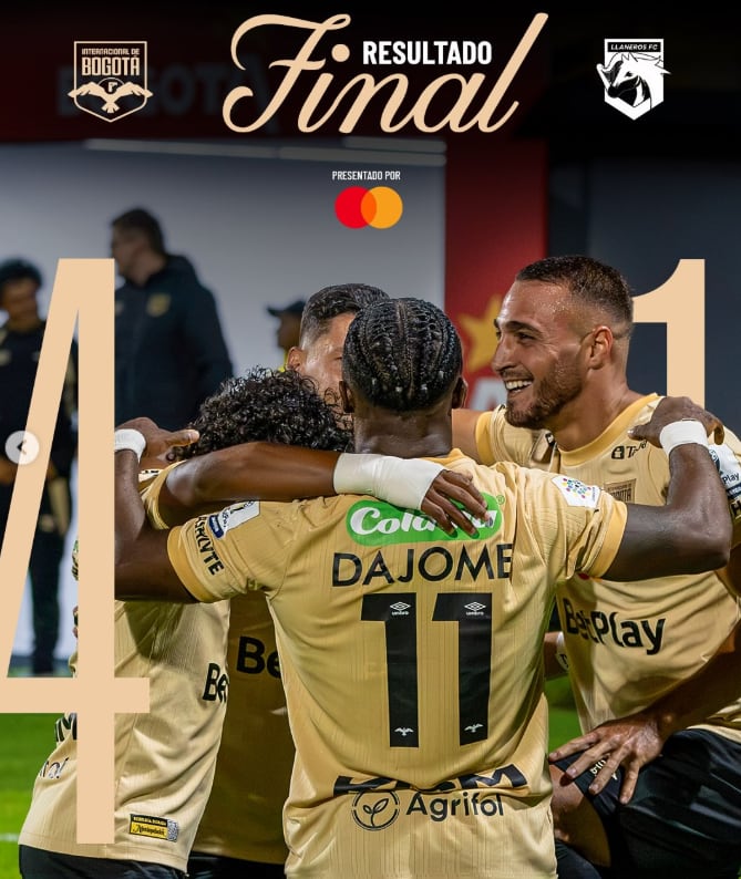 Con las anotaciones de Caballero, Dájome, Boné y Julio, el equipo bogotano eliminó al de Villavicencio, que solo tuvo la anotación de Ospina - crédito @interbogotaoficial/Instagram