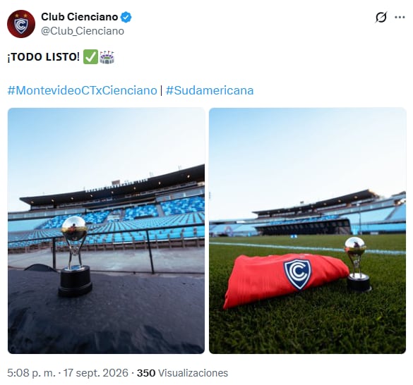 La camiseta de Cienciano luce en el Estadio Centenario junto a una pequeña réplica del trofeo de la Copa Sudamericana. Crédito: Captura X