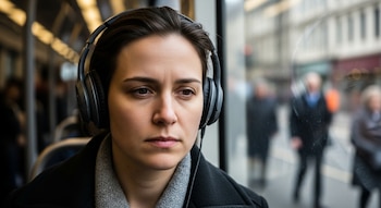 Primer plano de una mujer con auriculares grandes y oscuros, mirando fijamente por la ventana de un vehículo en movimiento, con el fondo exterior borroso.