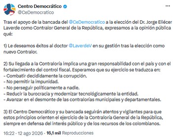 Centro Democrático respalda a Laverde y pide control fiscal moderno y lucha contra la corrupción - crédito @CeDemocratico/X