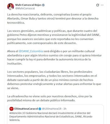 La representante Mafe Carrascal sostuvo que la decisión podría afectar la autonomía técnica del Dane - crédito @MafeCarrascal/X