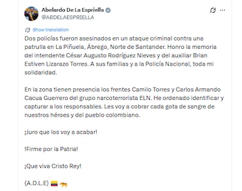 El presidente De la Espriella se pronunció para rechazar el ataque armado - crédito @ABDELAESPRIELLA/X