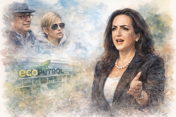 Ilustración acuarela de María Fernanda Cabal hablando, un hombre, una mujer y el logo de Ecopetrol sobre un edificio en segundo plano.