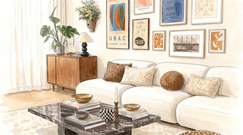 Ilustración de sala de estar con sofá seccional blanco, cojines, mesa de centro de mármol, libros, velas, lámpara de mesa, plantas y cuadros en la pared.