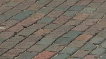 Primer plano de una calle adoquinada con ladrillos rectangulares en tonos grises, rojos y marrones, mostrando textura y algunas hierbas entre las juntas