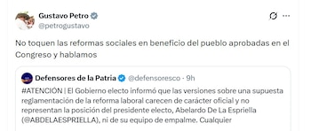 Gustavo Petro responde à polêmica da reforma trabalhista em mensagem ao presidente eleito, Abelardo de la Espriella - crédito @petrogustavo/X