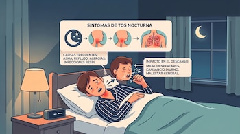 Ilustración de un hombre tosiendo en la cama de noche con cuadros de texto explicativos y esquemas del cuello y los pulmones.