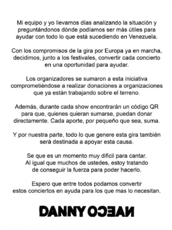 Danny Ocean recauda fondos en sus conciertos para ayudar a los damnificados en Venezuela, sumando su voz y recursos a la causa -crédito @dannocean/ Instagram