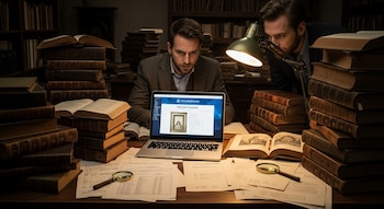 Dos hombres concentrados miran una laptop que muestra el Art Loss Register, rodeados de grandes pilas de libros antiguos, papeles y lupas, bajo una lámpara.