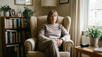 Mujer de unos 60 años, con cabello castaño y suéter de punto, sentada en un sillón beige en un living. Se ve una estantería con libros y plantas.
