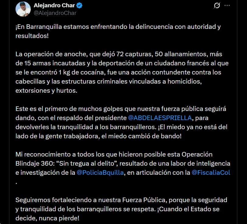 Alejandro Char destacó las cifras por el operativo en Barranquilla que dio con la captura de un ciudadano francés de Los Costeños - crédito @AlejandroChar/X