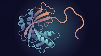 Ilustración digital de una estructura molecular compleja con formas de cinta en tonos azules, verdes y naranjas sobre un fondo azul oscuro degradado.