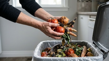 Manos de una persona adulta sostienen tomates, zanahorias, plátano y verduras en descomposición sobre un cubo de basura con bolsa