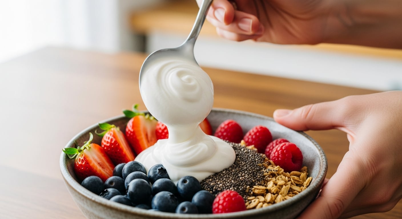 El consumo de yogur griego natural junto a frutos secos en la primera comida del día, destaca como una estrategia respaldada por estudios citados en CNBC, que asocian la proteína de alta calidad y los ácidos grasos saludables - (Imagen Ilustrativa Infobae)