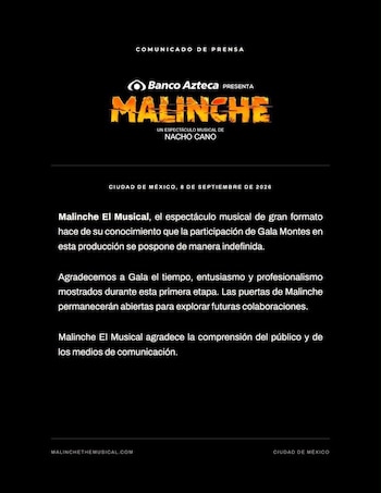 Texto de un comunicado de prensa sobre fondo negro con el título Malinche El Musical de Nacho Cano y texto descriptivo en color blanco