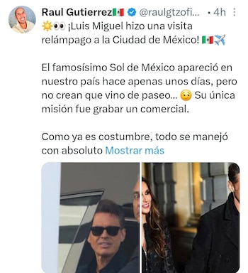 Captura de pantalla de una publicación de redes sociales de Raul Gutierrez, con texto y dos fotos pequeñas de Luis Miguel y una mujer