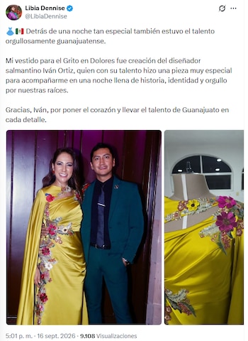 Libia Dennise, gobernadora de Guanajuato, reconoció el trabajo del diseñador salmantino Iván Ortiz, quien confeccionó el vestido que utilizó durante el Grito de Independencia.