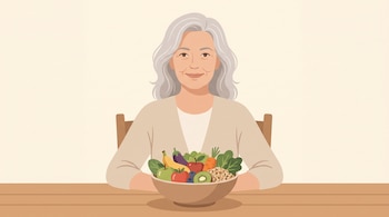 Ilustración de una mujer de cabello gris sentada frente a un tazón que contiene manzanas, plátano, arándanos, kiwi, zanahoria, berenjena, lechuga y granos.
