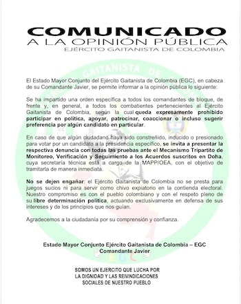 El Clan del Golfo instruye a sus integrantes a no apoyar a ningún candidato presidencial durante las elecciones en Colombia - crédito @soygaitanista/X