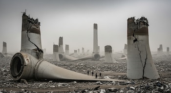 Vertedero industrial con palas y bases de turbinas eólicas rotas y enterradas. Se observan pequeñas figuras humanas entre los escombros bajo un cielo gris.