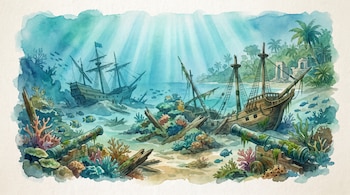 Ilustración acuarela de lecho marino con dos barcos hundidos, cañones, coral, peces, palmeras y ruinas en la orilla, bajo haces de luz.