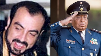 Retrato de un hombre de cabello oscuro y barba a la izquierda; retrato de un hombre uniformado con gafas y gorra, saludando, con la etiqueta GALVAN a la derecha.