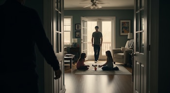 Un hombre en primer plano, dos niñas sentadas en un tapete jugando y una figura masculina de pie en el fondo. Una sala con ventanas, sillón y puertas abiertas.