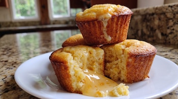 Muffins dorados sobre un plato blanco, uno de ellos cortado con un relleno espeso que cae sobre la loza y un fondo de encimera.
