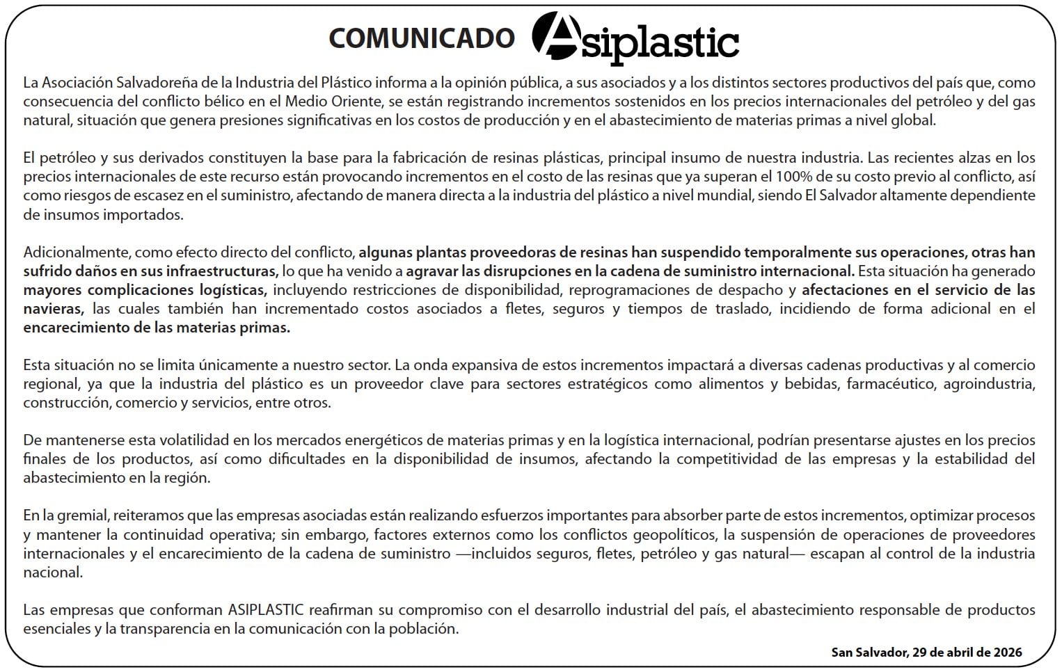 ASIPLASTIC reiteró el compromiso de sus empresas con el desarrollo industrial del país y con la comunicación clara sobre los desafíos que enfrenta el sector.