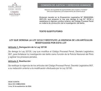 Documento oficial con membrete de la Cámara de Diputados de Perú que contiene el texto sustitutorio de un dictamen de ley